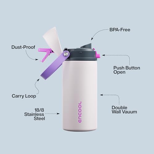 Image of Insulated Water Bottle with Straw - Encool Stainless Steel Water Bottle with Push Button Lid, Leak-Proof & BPA-Free, Keeps Cold for 24 Hours for Sports, Travel, Gym (18 oz, Oyster Pink)