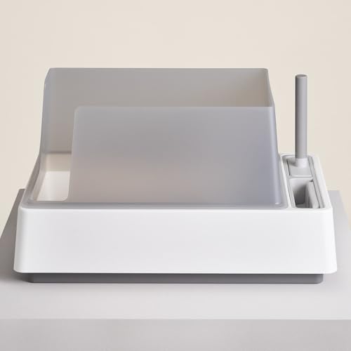 Tuft & Paw Cove Litter Box High Sided Open Top Designer Litter Box for Large Cats Built-in Scoop Brush & Dustpan Anti-Stick Plastic Privacy Walls - White/Gray
