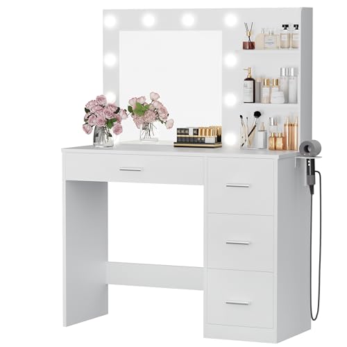 Image of Furmax Vanity Desk with LED Lighted Mirror&Power Outlet, Makeup Vanity Table with 4 Drawers, 3 Open Storage Shelves, and 3 Color Modes, for Bedroom (Pure White)