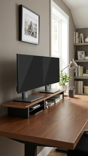 Image of Walnut Monitor Stand for Desk (44 Inch) Large Monitor Stands for 2 Monitors, Desk Shelf for Top of Desk Walnut Monitor Shelf