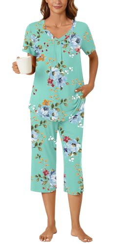 Image of Bestbee Women's Pajama Sets 2 Piece Lounge Outfits Summer Sleepwear V Neck Short Sleeve Capri Pant With Pockets Ladies Pjs