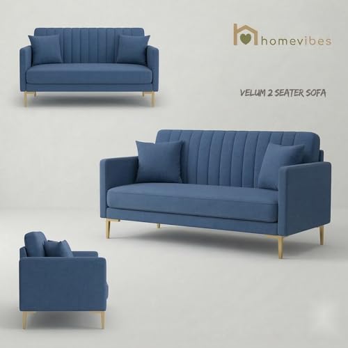Image of Velum 3 Seater Sofa for Living Room & Office | Premium Fabric Upholstery | Solid Wood Frame | Comfortable Seating | 3 Years Warranty (Blue, 2 Seater Sofa)