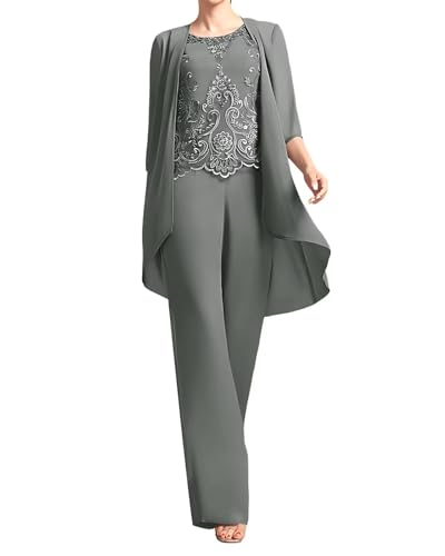 Lace Mother of The Bride Pant Suits for Wedding with Jacket 3 Pieces Chiffon Formal Outfit Suits with 3/4 Sleeve