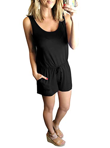 REORIA Womens Casual Summer One Piece Sleeveless Tank Top Playsuits Short Jumpsuit Beach Rompers Black Large
