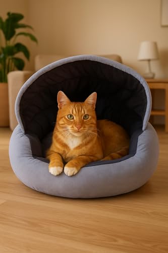 Image of GDB Premium Cotton Cozy Covered Pet Bed For Cats And Small Dogs Soft, Washable, Cave-Style Sleeping Bed With Anti-Slip Bottom Grey Black (L x W x H) 51x51x46 cm