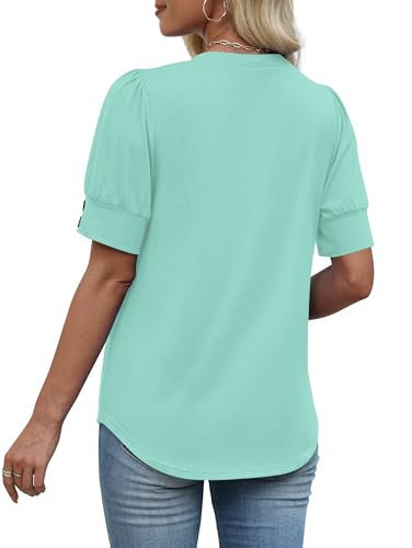 Image of OFEEFAN Womens Tops Short Sleeve Shirts Buttons V Neck Spring Fashion Summer Outfits Plus Size Blouses Dressy Casual