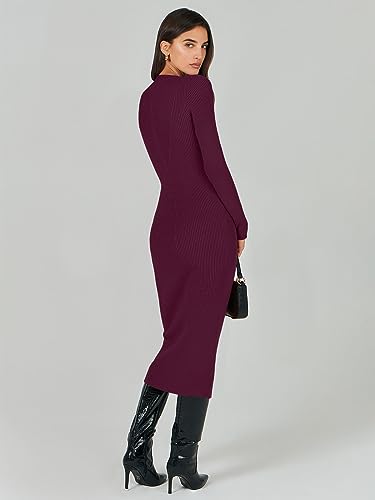 Image of ANRABESS Women Long Sleeve Sweater Dress Crewneck Bodycon Stretch Slim Fit Ribbed Knit Midi Dresses 2025 Fall Trendy Outfits Wine Red X-Large