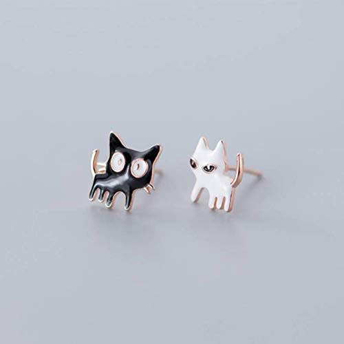 Boucles d'oreilles chat noir blanc argent s925 bijou animal mignon femme mode coréenne