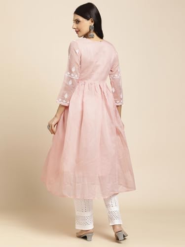 Image of RATAN Women's Muga Cotton Flared Lucknowi Chikankari Ethnic Wear Kurta