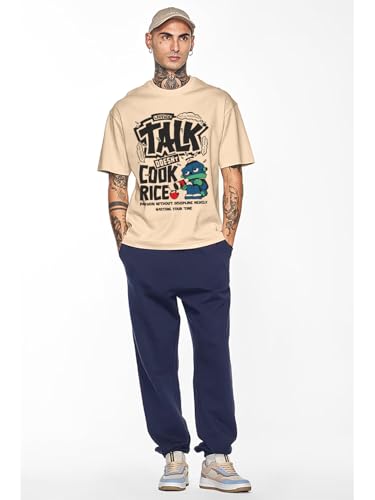 Image of LEOTUDE Half Sleeve Oversized Tshirt for Men, Round Neck Cottonblend Drop Shoulder Printed T-Shirt (Black Color)