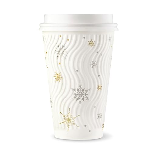 [100 SET]Harvest Pack 16 oz Christmas Coffee Cups, White Snowflake Winter Disposable Paper Cups, Insulated Ripple Wall Paper Cups with Lids, XMAS Gold and Silver Foil, Hot Chocolate To go