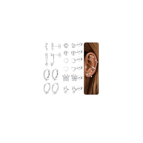 THUNARAZ Sterling Silver Stud Earrings for Women Hypoallergenic Hoop Earrings Studs Cartilage Earring Sets for Multiple Piercing 20G Dainty Heart Butterfly Star CZ Stud Earring Stacks for Women Trendy