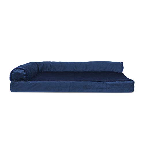 Image of Furhaven Cooling Gel Dog Bed for Large /Medium Dogs w / Removable Bolsters & Washable Cover, For Dogs Up to 55 lbs - Plush & Velvet L Shaped Chaise - Deep Sapphire, Large
