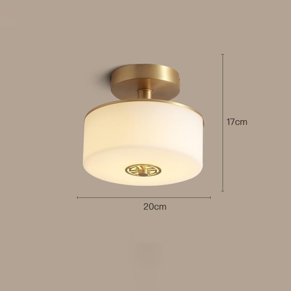 Lámpara de techo de estilo chino, semiempotrada, luz nocturna para el hogar, pantalla de cristal blanco lechoso, lámpara redonda de cobre, luz de techo para pasillo, escalera, iluminación moderna y s