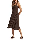 ODODOS Square Neck Midi Dress with Pockets for Women Summer Casual Sleeveless Sundress Flare Tank Dress, Dark Brown, Large