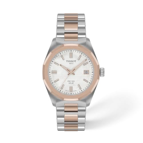 Tissot PRC 100 Solar White Dial 34mm Watch for Women Two-Tone Rose Gold and Silver Stainless Steel Bracelet Solar Quartz Movement T1518222211100