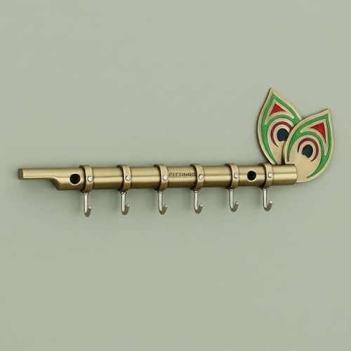 Image of Big Brass Antique Krishna Flute for Key Holder /Key Stand /Keys Hanger Hook /Key Holders for Wall Stylish /Keys Rack Hook /Key Hanging Hooks - Home Decor, Wall Mount - 6 Hooks - (Brass Antique)