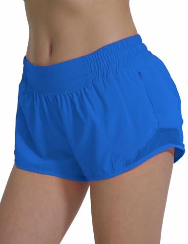 AugIris Athletic Running Shorts for Women with Zipper Pocket Soft Gym Workout Shorts with Mesh Liner Qucky Dry Royal Blue