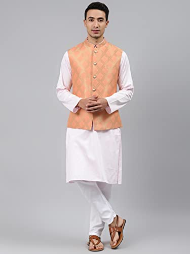 Image of MANQ Men Fawn Woven Jaquard Silk Nehru Jacket