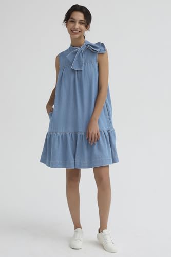 Image of EZAPINE Denim Dress for Women Summer Sleeveless Mock Neck Ruffle Hem Babydoll Jean Dress with Bow