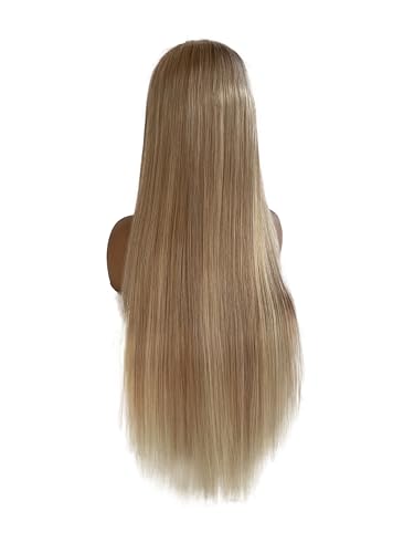 Image of Ash Blonde Lace Front Wig Human Hair, 13x4 Silky Straight Mini Knots HD Invisible Lace Wig for Women Glueless Blonde with Brown Highlights Wigs 26 Inch 180% Density Pre Plucked Free Part Frontal Wigs