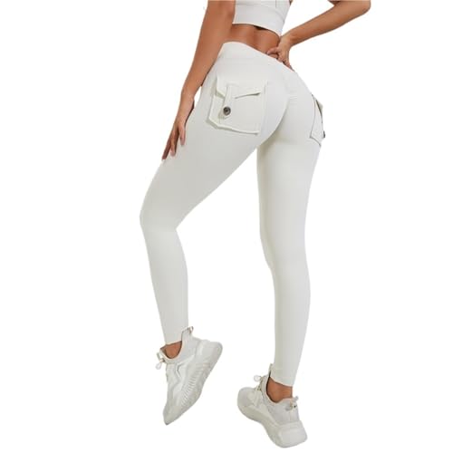 BNDDZBN Yoga Pants Nylon Yoga Pants Buttocks Pocket Tight Pants Women's Sports Fitness Pants Hip Lifting Breathable(Beige,L)