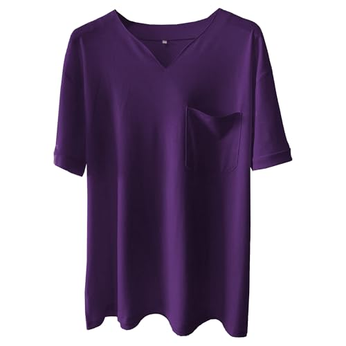 Men Chest Pocket Elastic T Shirts Classic Comfy Thin Exercise V-Neck Shirt Summer Solid Stretch Pullover Tops (Dark Purple,Small)