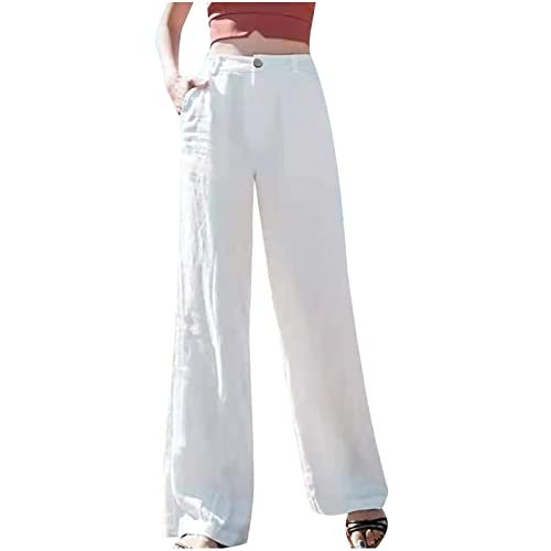 Pantalones Mujer Algodón y Lino de Cintura Alta, Pantalones Rectos Mujer Largos de Moda con Bolsillo Pants Chandal Holgados Pantalón Color Sólido Casual