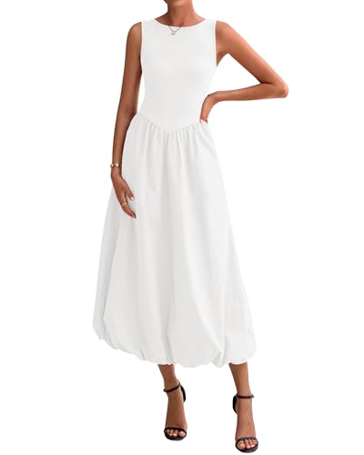 BTFBM Women's 2025 Summer Casual Sleeveless Midi Dress Patchwork Knit Tank Bubble Long Flowy Beach Maxi Sundress Pockets(White, Medium)