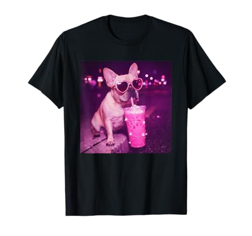 Funny Pink French Bulldog Drinking Iced Coffee - Frenchie T-Shirt