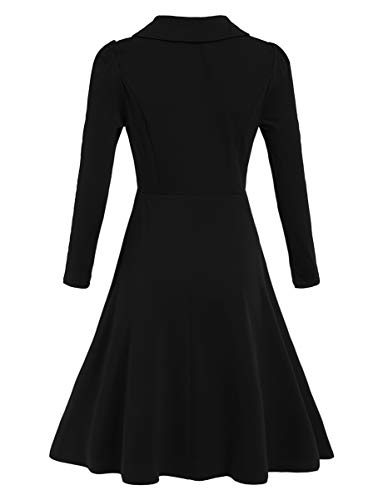 Romwe Women's Vintage 1950s Retro Collared Long Sleeve Fit and Flare Swing Party Dress Black S