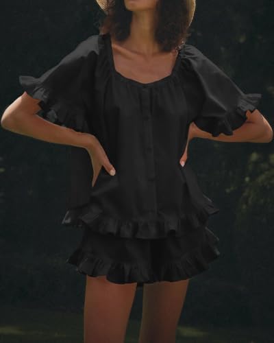 Image of Womens Ruffle Pajama Set Short Sleeve Button Down Top and Shorts | Cotton Ruffle Pajamas Set, Ruffle Shorts Set Women, 2 Piece Shorts Set for Women