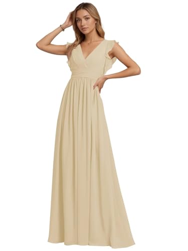 Chiffon Ruffle Bridesmaid Dresses for Women Elegant V-Neck A-line Dresses with Flutter Sleeves