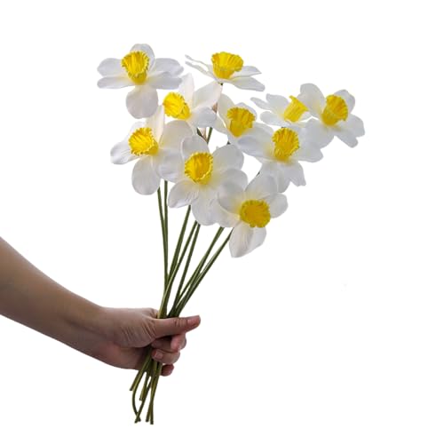 Tongman XN00922 10 Bundles Artificial Daffodils Flowers 15 Inch Narcissus Silk Flowers Faux Spring Flowers White Flowers Real Touch Daffodils Flowers Silk Narcissus Arrangement Home Party Office Wedding Decor  cover