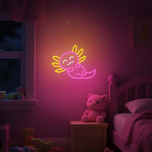 Image of Axolotl Neon Sign for Bedroom, Okayera Dimmable LED Light Wall Decor, Cute Pink Kawaii Anime Axolotl Gifts for Kids Girls Animals Lovers, Nightlight for Living Room Nursery Gamer Party Theme Decor
