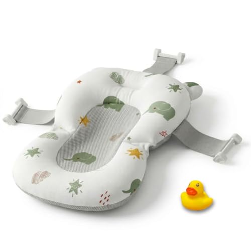 BATHBY | Cojín para Bañera de Bebé – Soporte Recién Nacido, Asiento Ergonómico, Ajustable y Portátil con Malla Antideslizante, Almohada Reductora, Hamaca de Ducha + Patito de Goma (Elefantes)