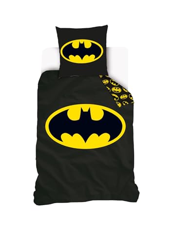 SAHINLER créateur d'univers Batman - Housse de Couette Batman Logo 140x200 cm + 1 taie d'oreiller 63x63 cm - 100% Coton - Noir