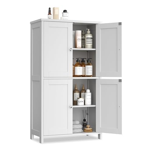 Vongrasig Bathroom Storage Cabinet, Small Bathroom Floor Cabinet with 4 Doors and Adjustable Shelves, Freestanding Modern Cabinet for Entryway, White