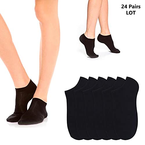 24 Womens Athletic Ankle Socks Low Cut Fit Crew Sports Black Footies Size 9-114