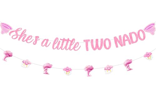 Image of Sursurprise Two Nado Birthday Party Decorations for Girls, She's a Little Two Nado Banner Pink Tornado Sign, Tornado 2 Year Old Birthday Decor Supplies