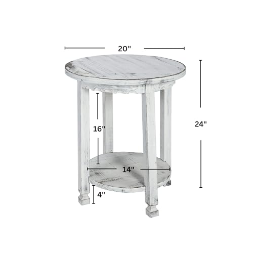 Alaterre Furniture Country Cottage Round End Table – 20” Rustic Farmhouse Side Table with Lower Shelf, Carved Edges & Square Turned Legs – Accent Table for Living Room or Bedroom (Antique White) - Image 3
