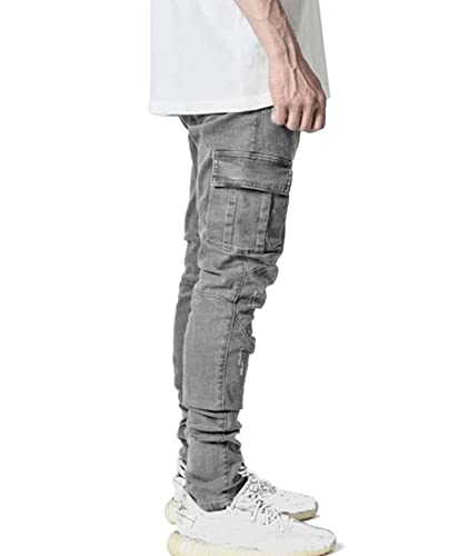 SOMTHRON Men's Skinny Distressed Ripped Jeans Side Pocket Slim Fit Destroyed Hip Hop Stretchy Denim Pants Trousers3