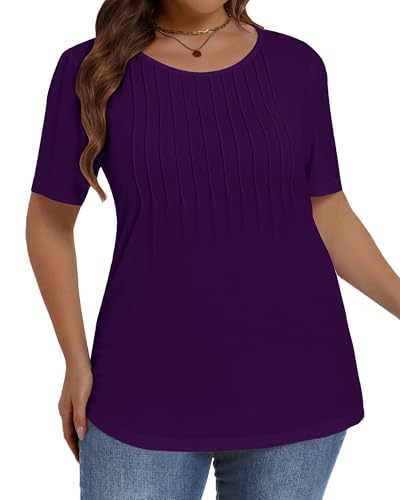 Image of Plus Size Tops for Women Pleated Summer Top Trendy Short Sleeve Shirts Casual Basic Tee Crew Neck Blouses 2026