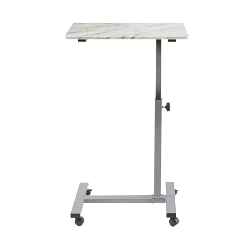 Image of Seville Classics Airlift Height Adjustable Mobile Rolling Laptop Cart Computer Workstation Desk Table for Home, Office, Classroom, Hospital, w /Wheels, Overbed Sit Stand (24 inch), Faux Marble