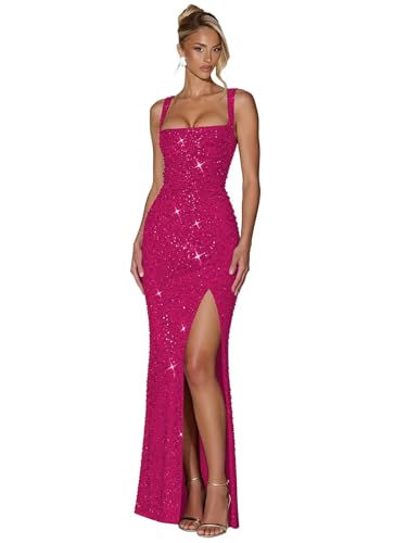 Vevtellb Hot Pink Sequin Prom Dress 2026 Spaghetti Strap Mermaid Slit Long Formal Dresses for Women...