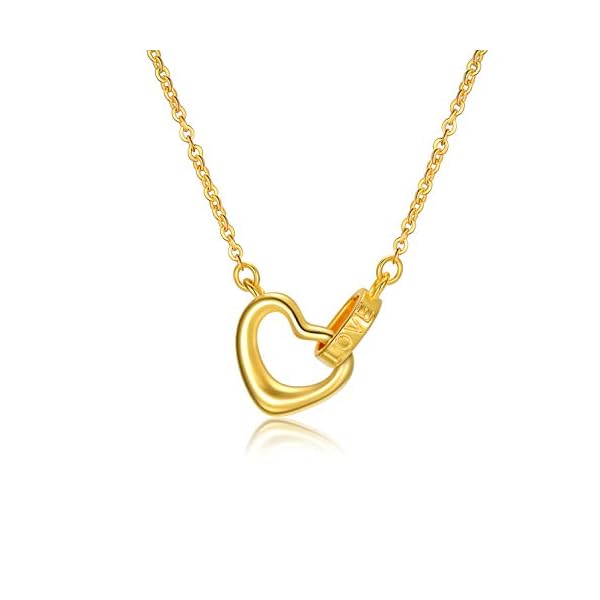 18K Solid Gold Heart Necklace for Women, Real Gold Engraved Love Heart Pendant Christmas Anniversary Present Jewelry for Wife, Mom 18"