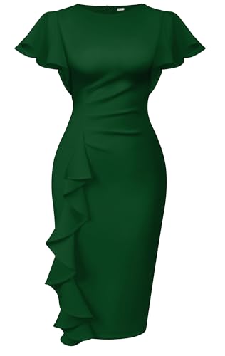 Memoriesea Women's Vintage Church Ruffle Sleeve Ruched Bodycon Work Midi Pencil Dress Green