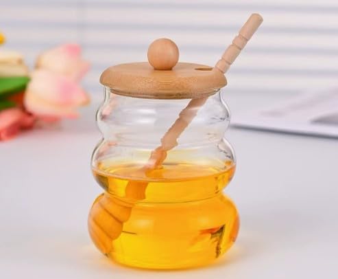 Zirax Premium Crystal Glass Honey Jar with Wooden Dipper 17oz No-Drip Honey Pot Container for Breakfast Table Tea & Coffee - Elegant Beehive Design Syrup Dispenser
