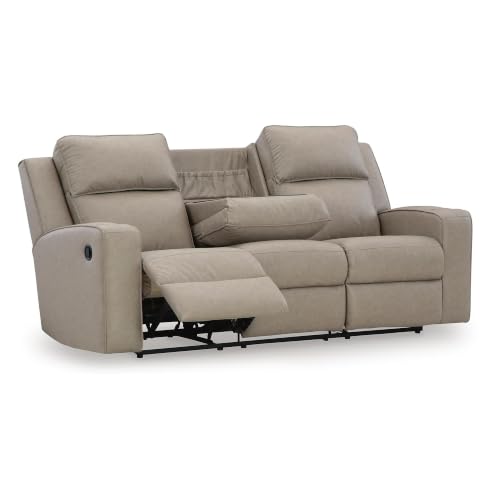 Image of Signature Design by Ashley Wall Hugger Reclining Sofa with Drop Down Table | Pebble gray faux leather, Contrast jumbo stitching, Drop down table with USB ports, 3 in wall distance, Lavenhorne Series