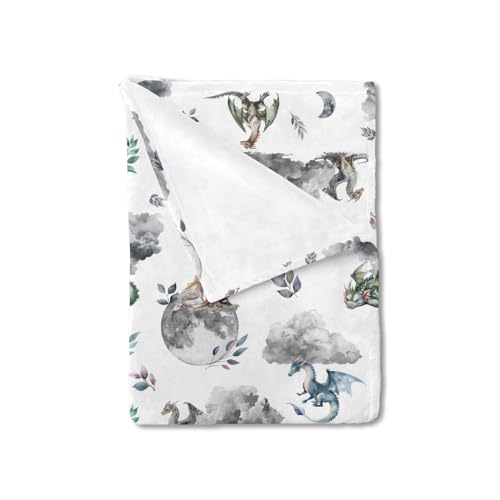Image of Watercolor Dragons Fairytale Baby Blanket for Boy & Girl - Dragon Wings, Leaves, Moon & Clouds Pattern - Soft Flannel Swaddle Blanket - Toddler to Newborn - 40x50